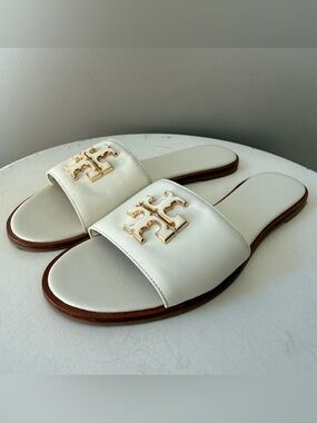 Tory Burch Everly Ivory Leather Gold Double T Slide Sandals Size 10